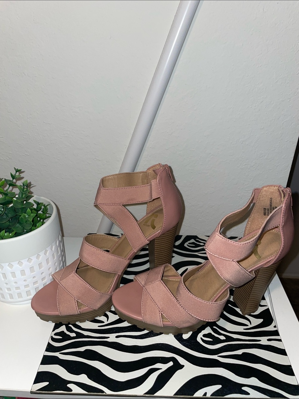 Womens Pink Strappy Block Heel Sandals